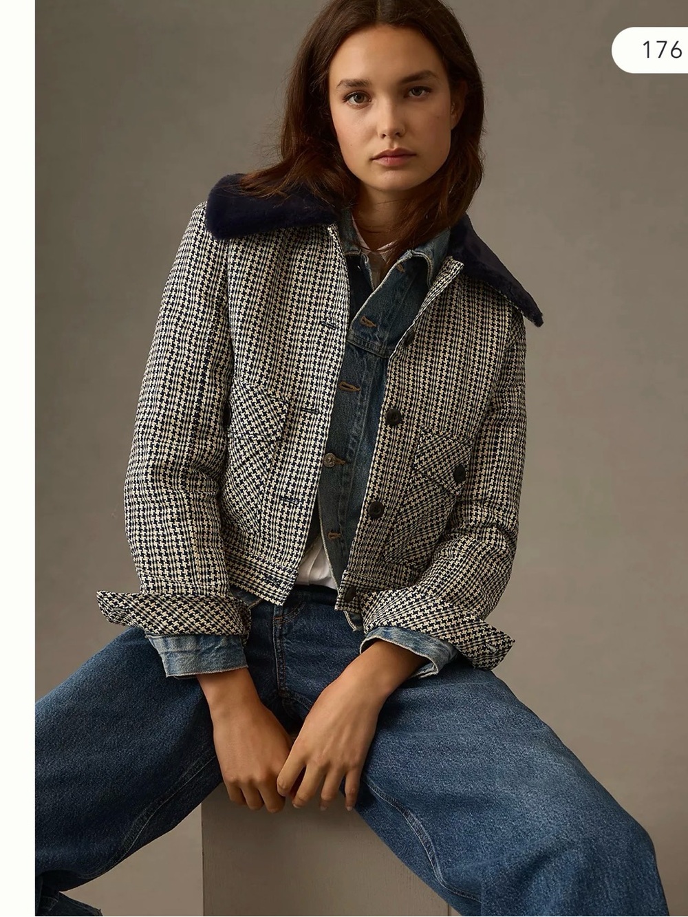 Anthropologie Maeve Tweed Faux Fur Collar Houndstooth Cropped Jacket M